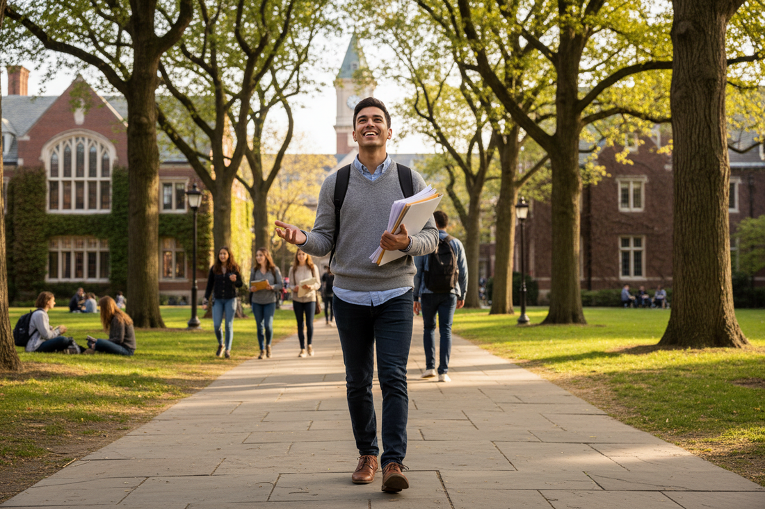 Person looking happy walking on a campus